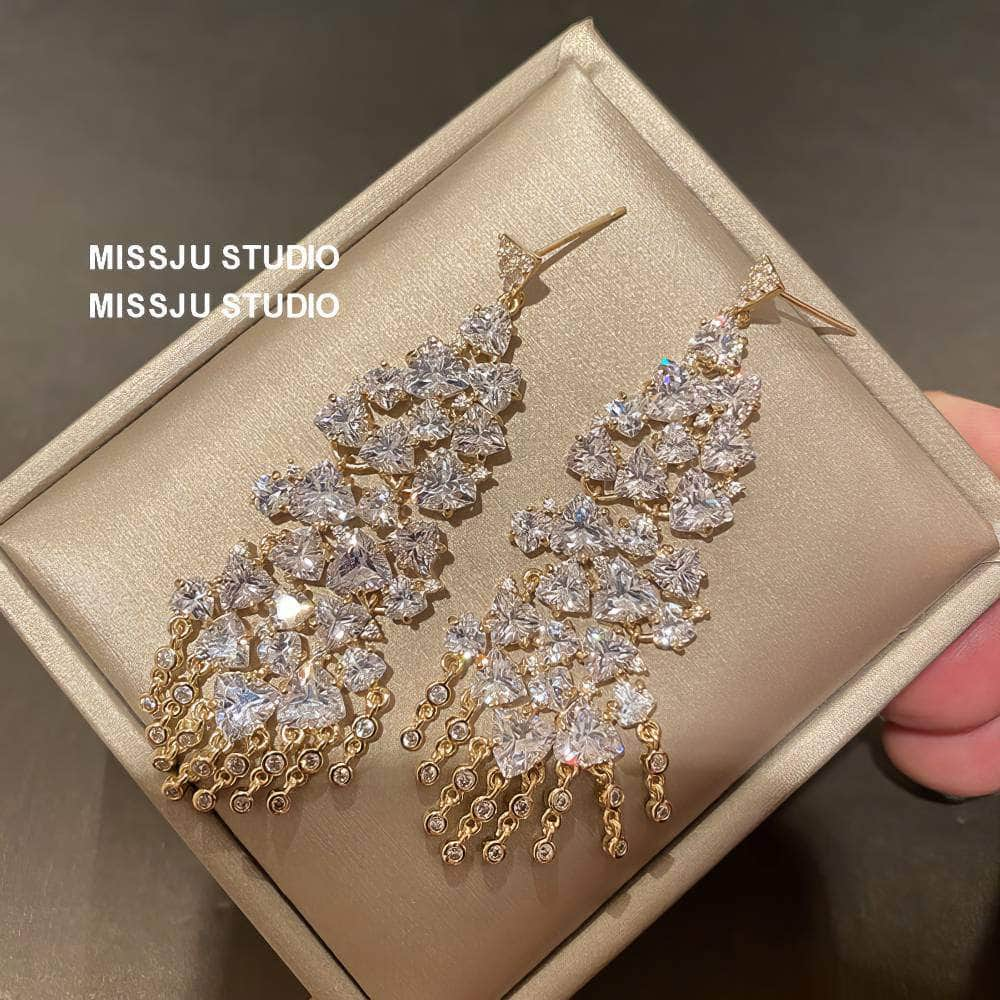 Studded Crystals Sparkling Chandelier Tassel Gold Earrings White