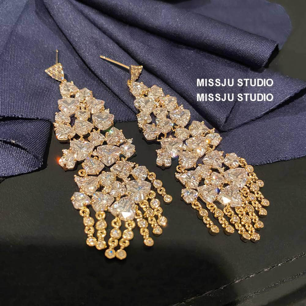 Studded Crystals Sparkling Chandelier Tassel Gold Earrings White