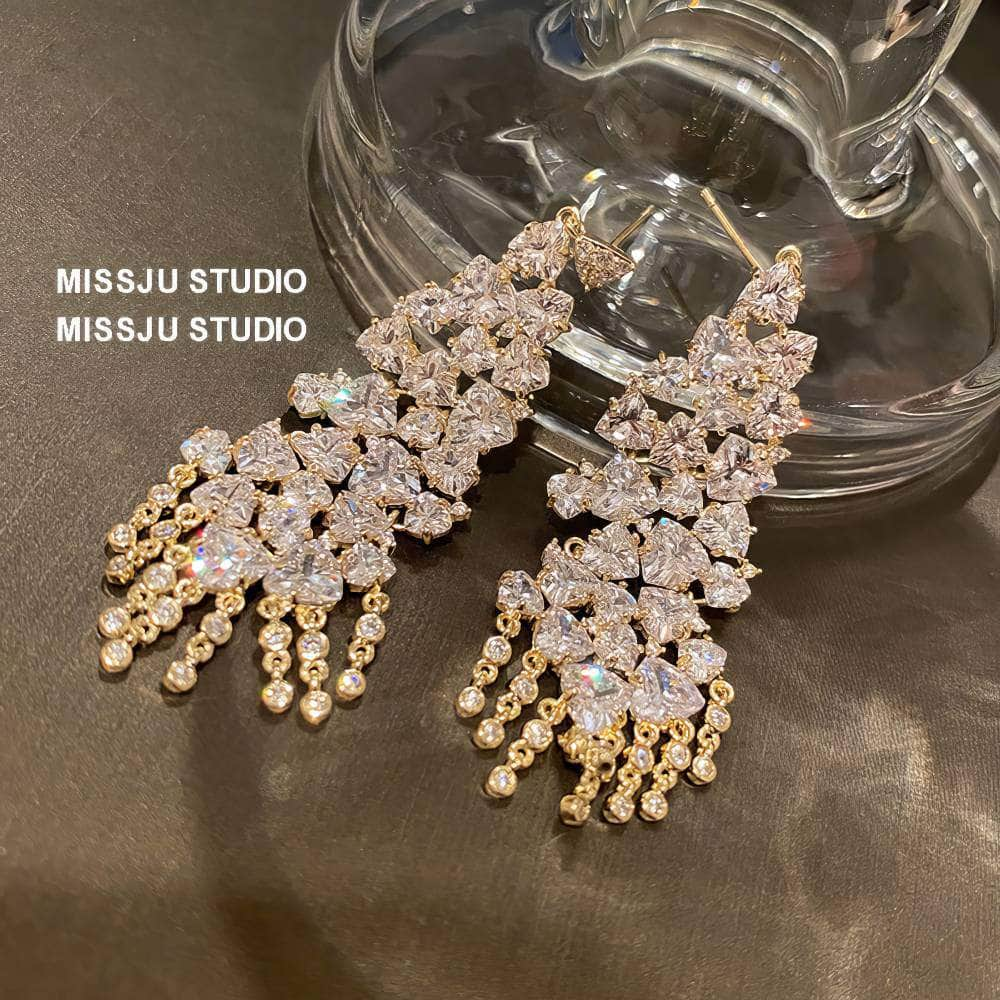 Studded Crystals Sparkling Chandelier Tassel Gold Earrings White