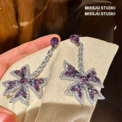 Studded Dangle Sapphire Flower Amethyst Crystal Earrings Purple