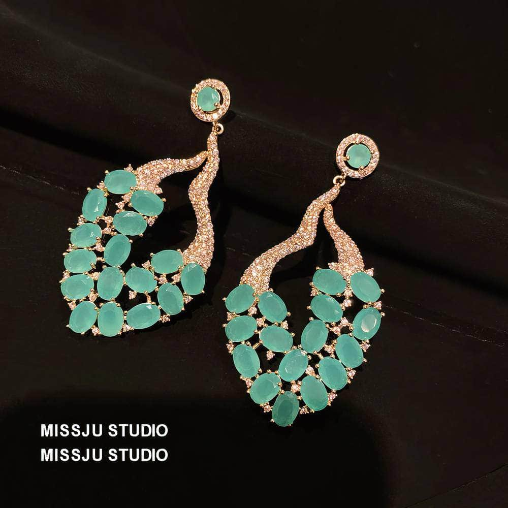 Studded Opal Gemstone Leaf Deco Statement Earrings Blue