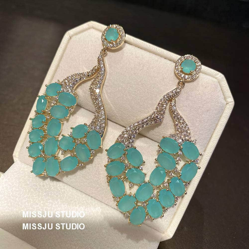 Studded Opal Gemstone Leaf Deco Statement Earrings Blue