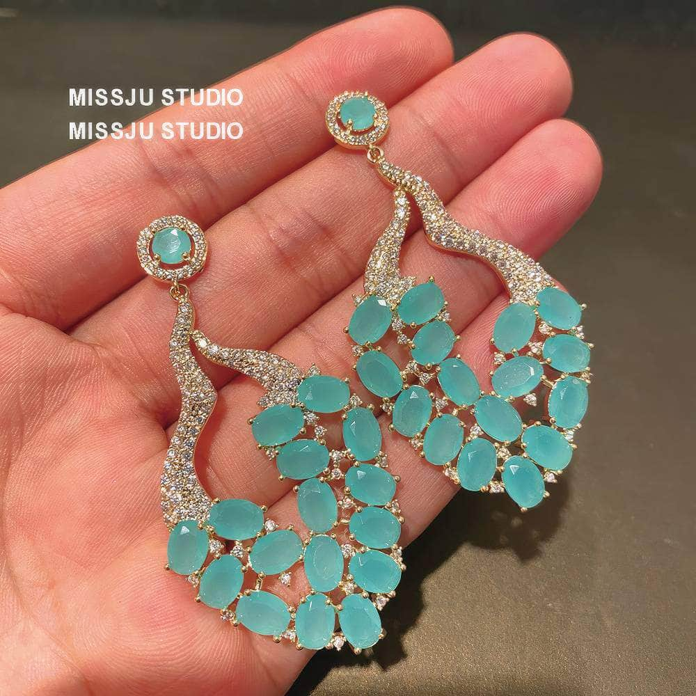 Studded Opal Gemstone Leaf Deco Statement Earrings Blue