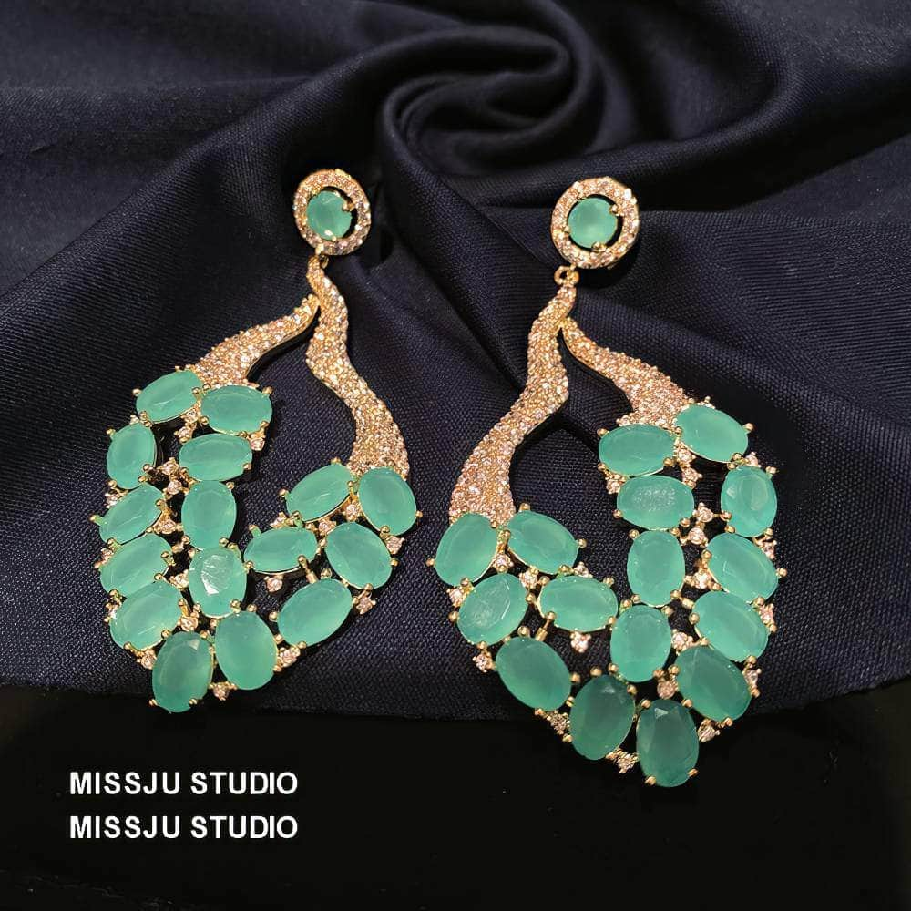 Studded Opal Gemstone Leaf Deco Statement Earrings Blue