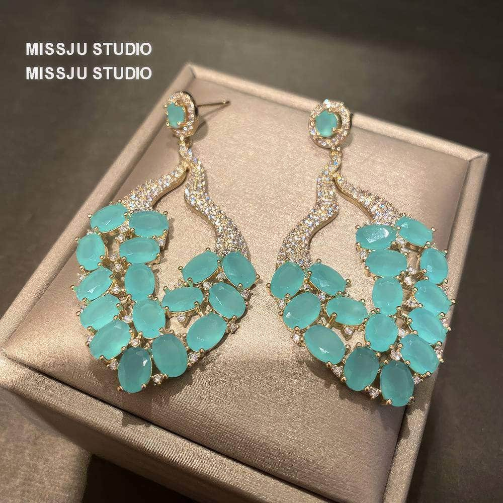 Studded Opal Gemstone Leaf Deco Statement Earrings Blue