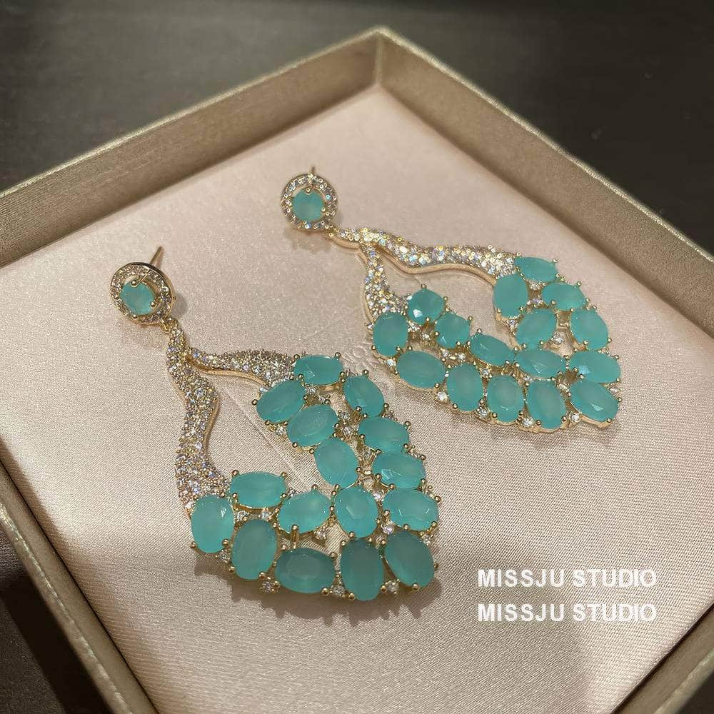 Studded Opal Gemstone Leaf Deco Statement Earrings Blue