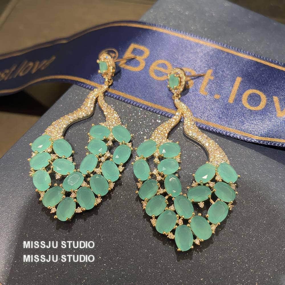 Studded Opal Gemstone Leaf Deco Statement Earrings Blue