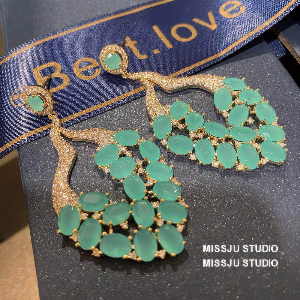 Studded Opal Gemstone Leaf Deco Statement Earrings Blue