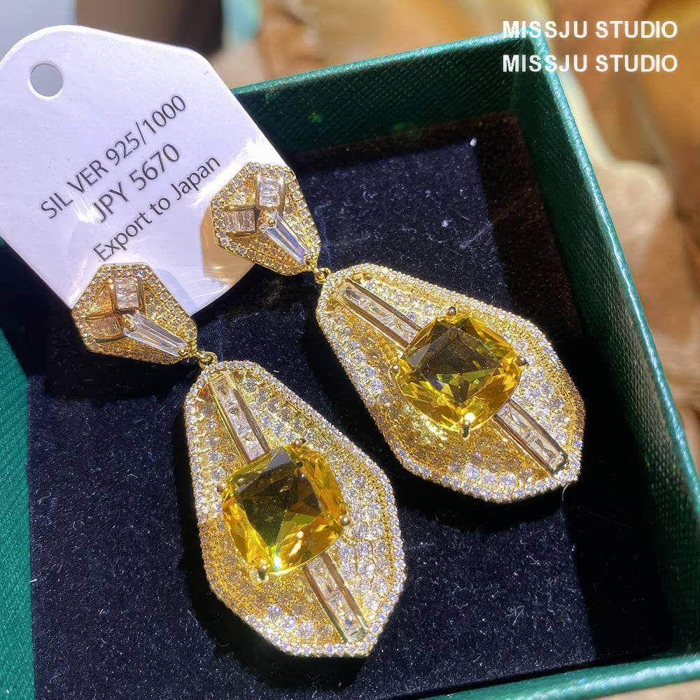 Studded Paved Crystals Citrine Dangle Statement Earrings Yellow