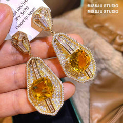 Studded Paved Crystals Citrine Dangle Statement Earrings Yellow