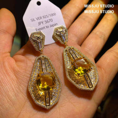 Studded Paved Crystals Citrine Dangle Statement Earrings Yellow