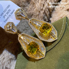 Studded Paved Crystals Citrine Dangle Statement Earrings Yellow