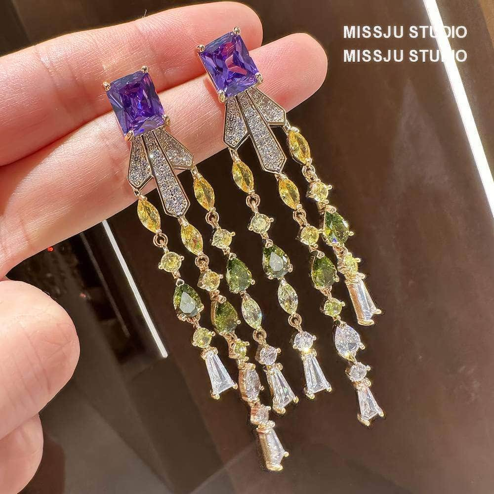 Studded Tassel Drop Rhinestone Gold Earrings Multicolor