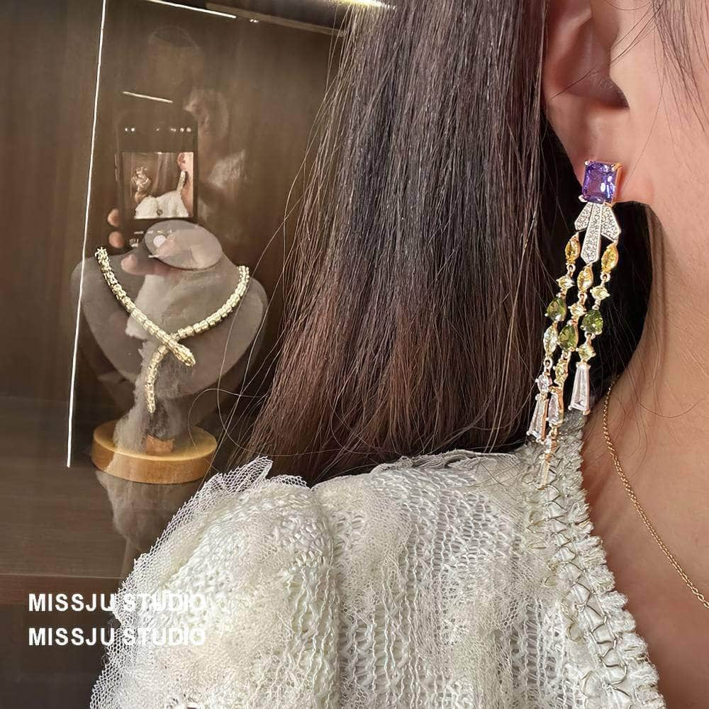 Studded Tassel Drop Rhinestone Gold Earrings Multicolor