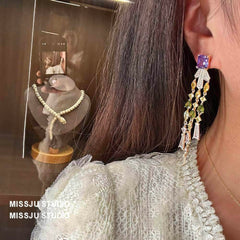 Studded Tassel Drop Rhinestone Gold Earrings Multicolor