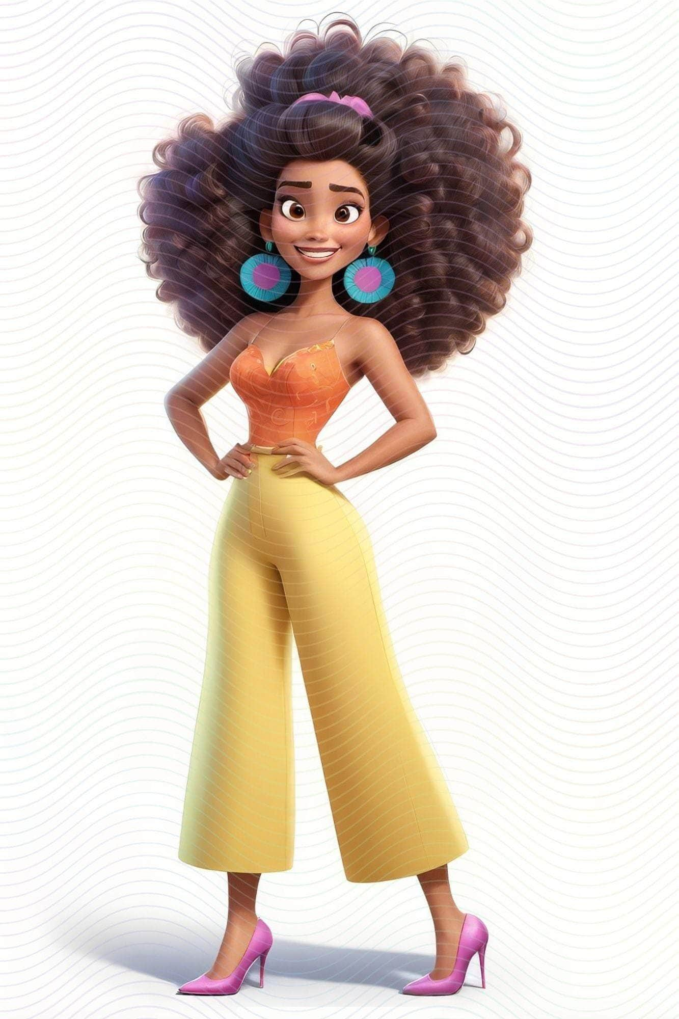 Stylish Cartoon Woman: Big Hair and Bold Earrings