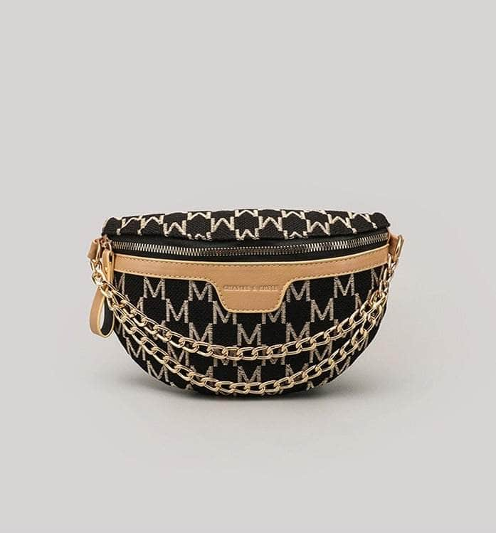 Stylish Chain Waist Bag with Plaid Pattern Brown