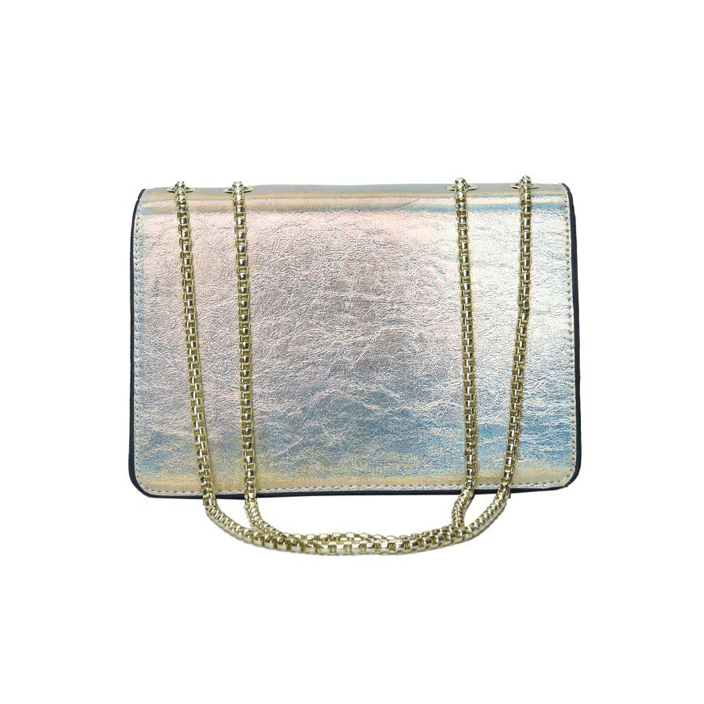 Stylish Crossbody Leather Bag with Chain Strap Brass Metallic