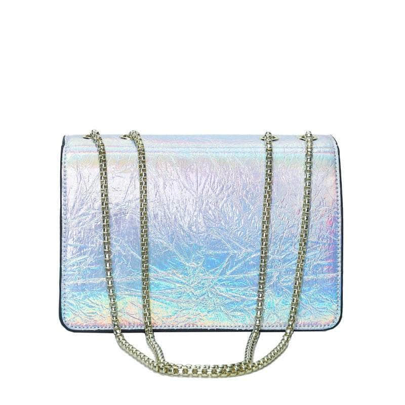 Stylish Crossbody Leather Bag with Chain Strap Holographic -Silver