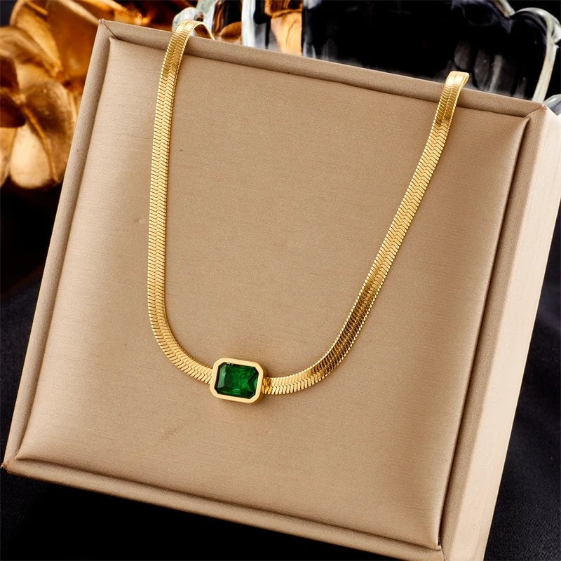 Stylish Green Zircon Crystal Pendant Necklace in 316L Stainless Steel N1996