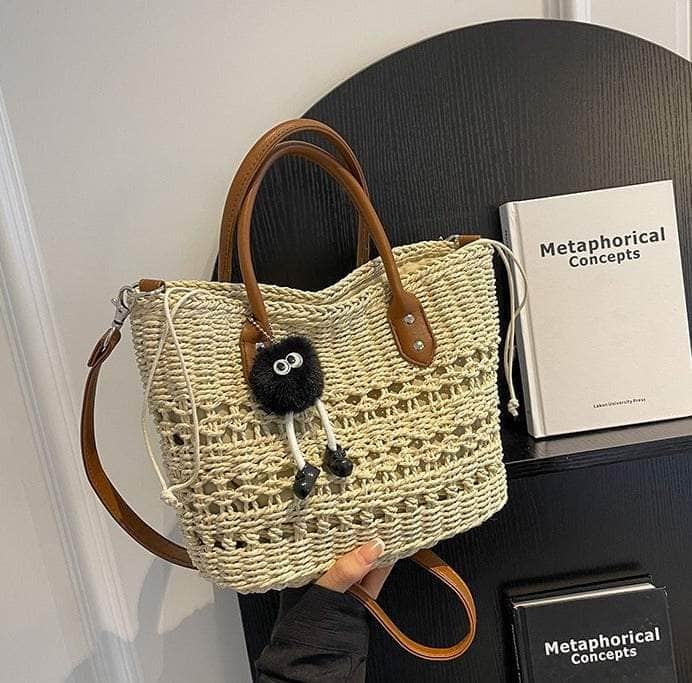 Stylish Handwoven Straw Crossbody Handbag Beige