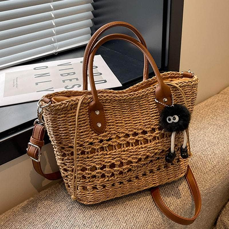 Stylish Handwoven Straw Crossbody Handbag Coffee