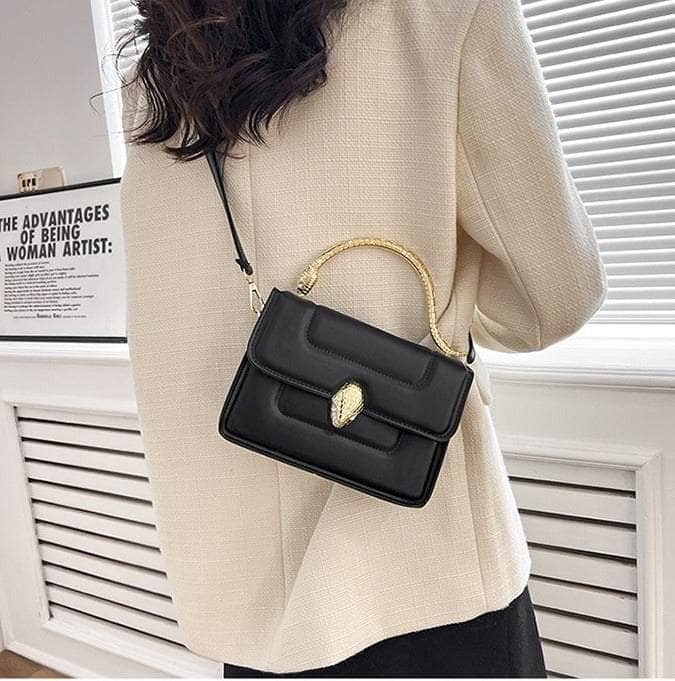 Stylish Leather Crossbody Bag with Snake Golden Handle