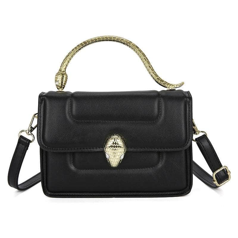 Stylish Leather Crossbody Bag with Snake Golden Handle Black