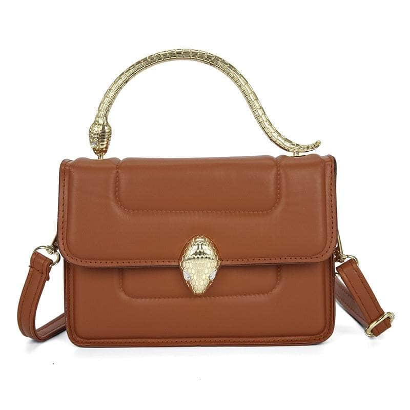 Stylish Leather Crossbody Bag with Snake Golden Handle Coffee