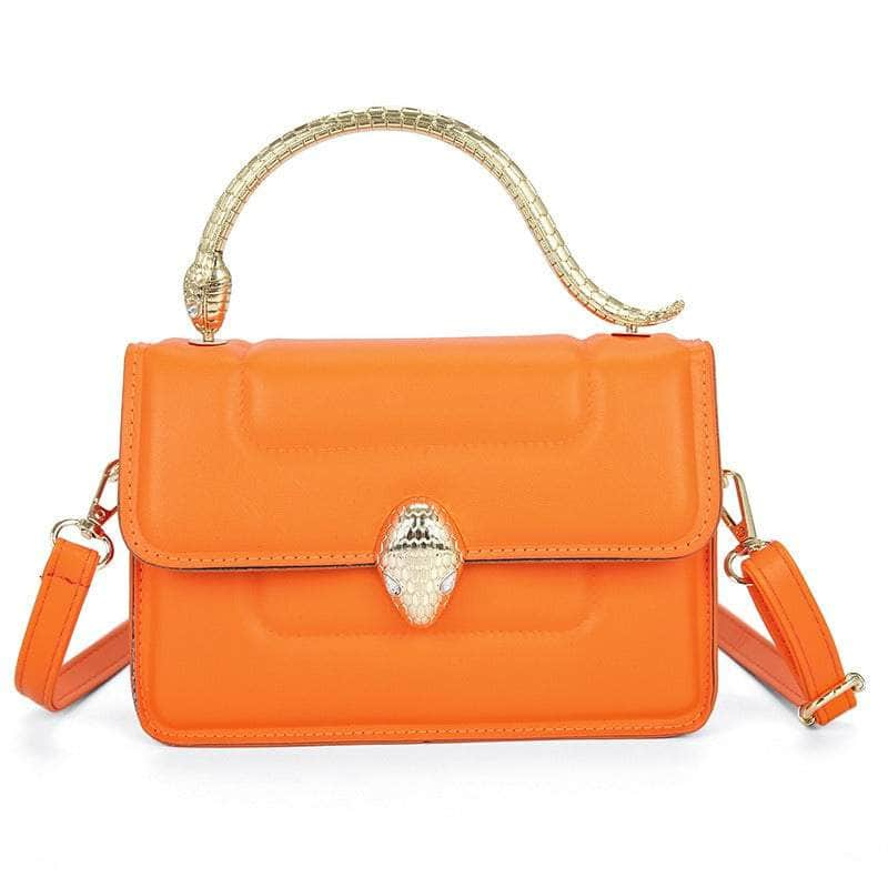 Stylish Leather Crossbody Bag with Snake Golden Handle Orange