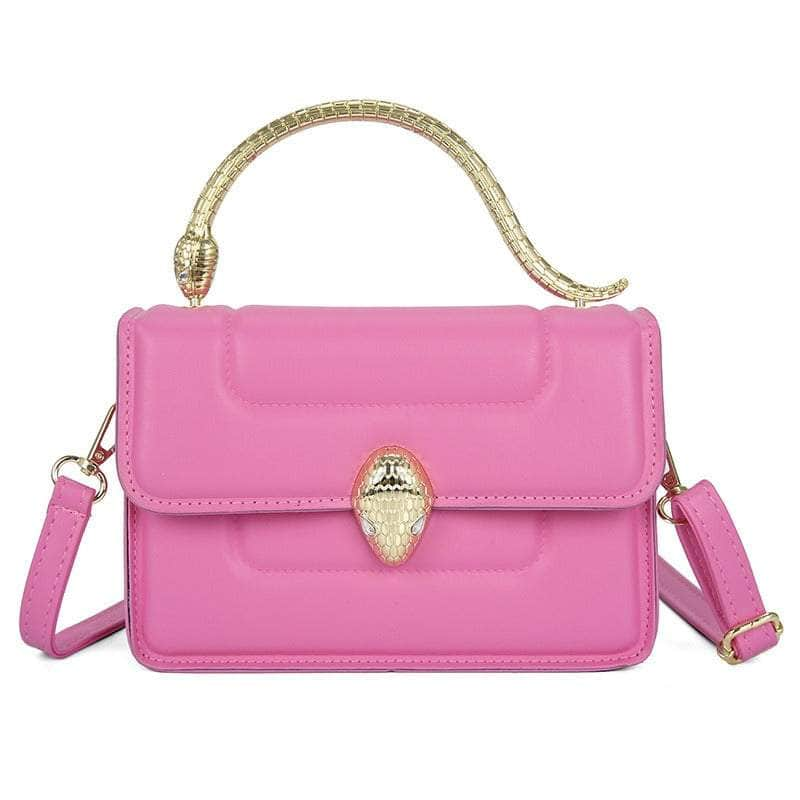 Stylish Leather Crossbody Bag with Snake Golden Handle Pink