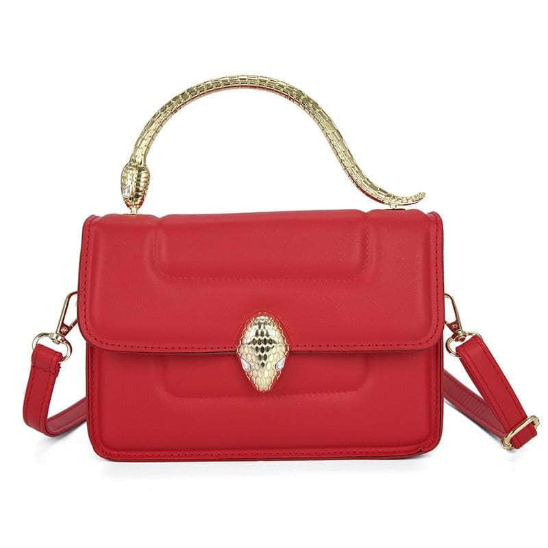 Stylish Leather Crossbody Bag with Snake Golden Handle Red