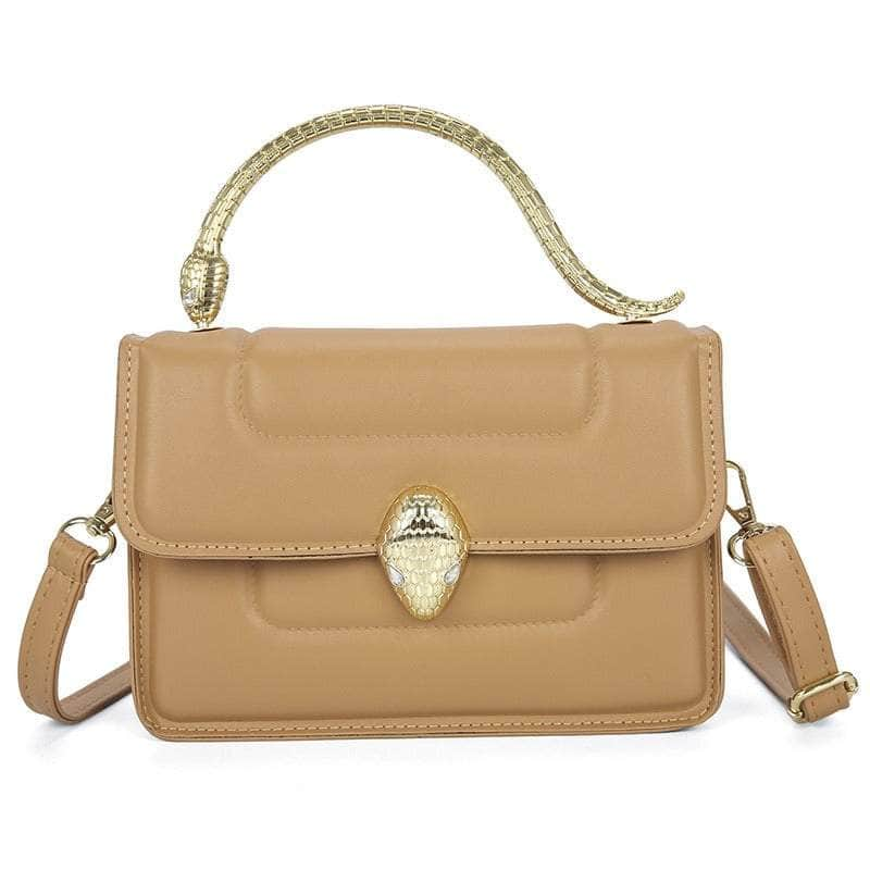 Stylish Leather Crossbody Bag with Snake Golden Handle Tan