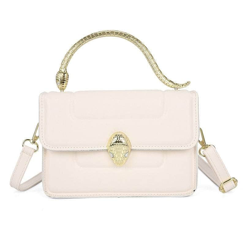 Stylish Leather Crossbody Bag with Snake Golden Handle White