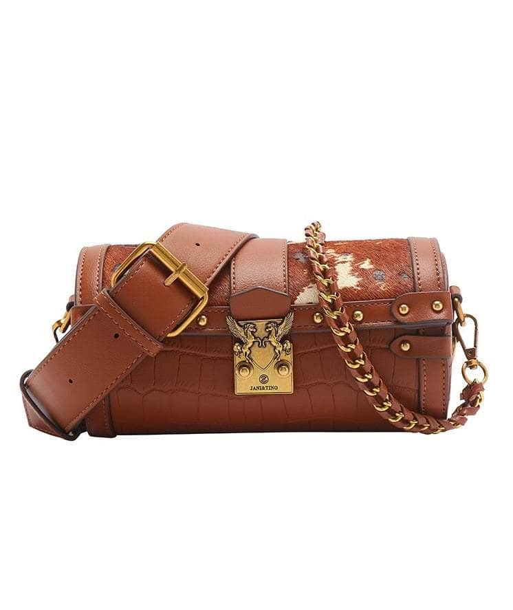 Stylish Leather Shoulder Box Bag with Gold Accents