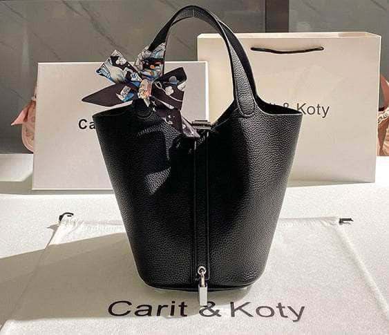 Stylish Metallic Deco Bucket Bag in Solid Color Black