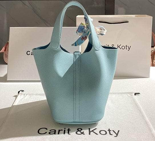 Stylish Metallic Deco Bucket Bag in Solid Color Blue