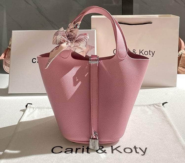 Stylish Metallic Deco Bucket Bag in Solid Color Pink