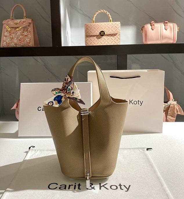 Stylish Metallic Deco Bucket Bag in Solid Color Tan