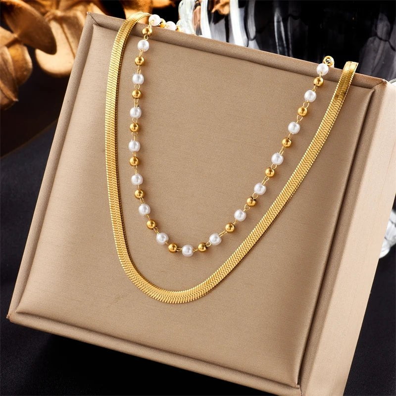 Stylish Multilayer Snake and Pearl Chains Necklace in 316L Stainless Steel N1934