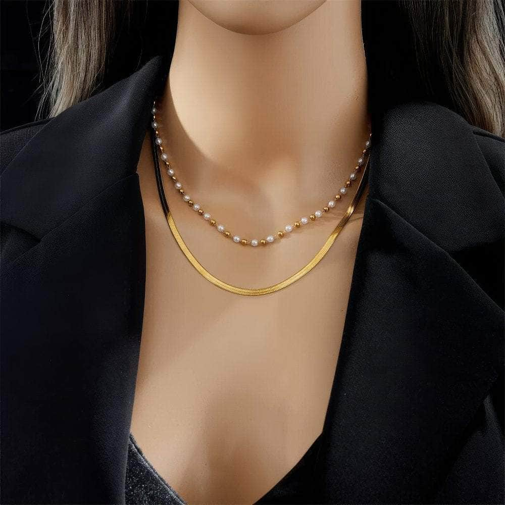 Stylish Multilayer Snake and Pearl Chains Necklace in 316L Stainless Steel N1934