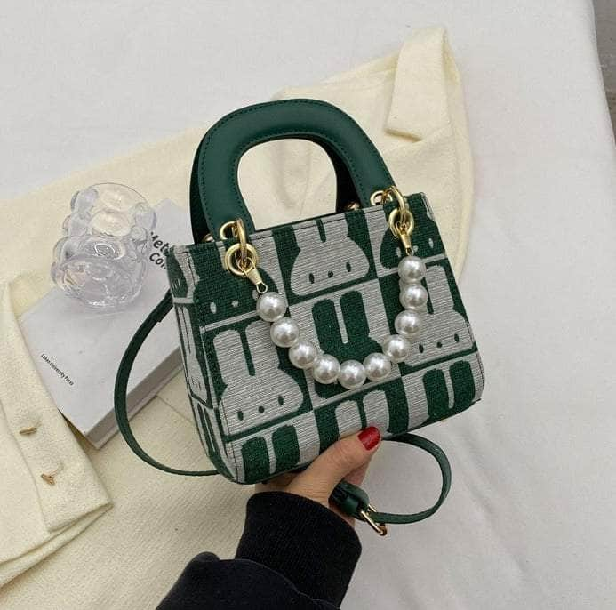 Stylish Shoulder Bag With Unique Bed-Inspired Handle Green / Pearl