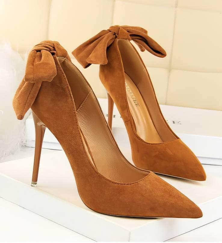 Suede Pointy Toe Bow Knot Detail Court Heels