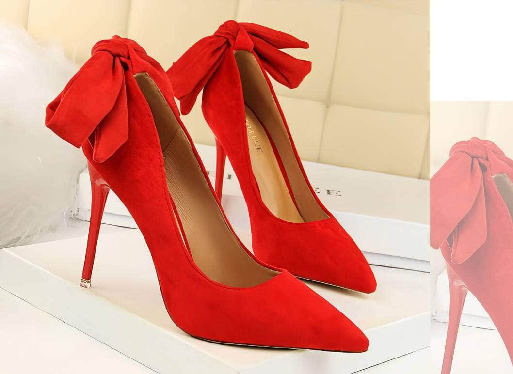 Suede Pointy Toe Bow Knot Detail Court Heels