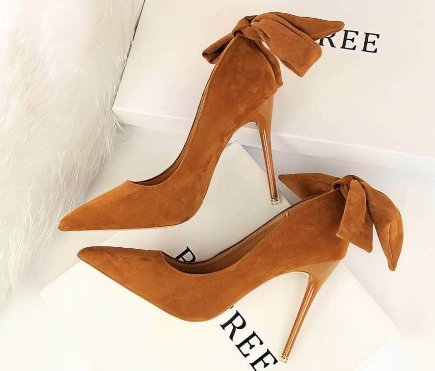 Suede Pointy Toe Bow Knot Detail Court Heels