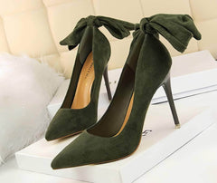 Suede Pointy Toe Bow Knot Detail Court Heels