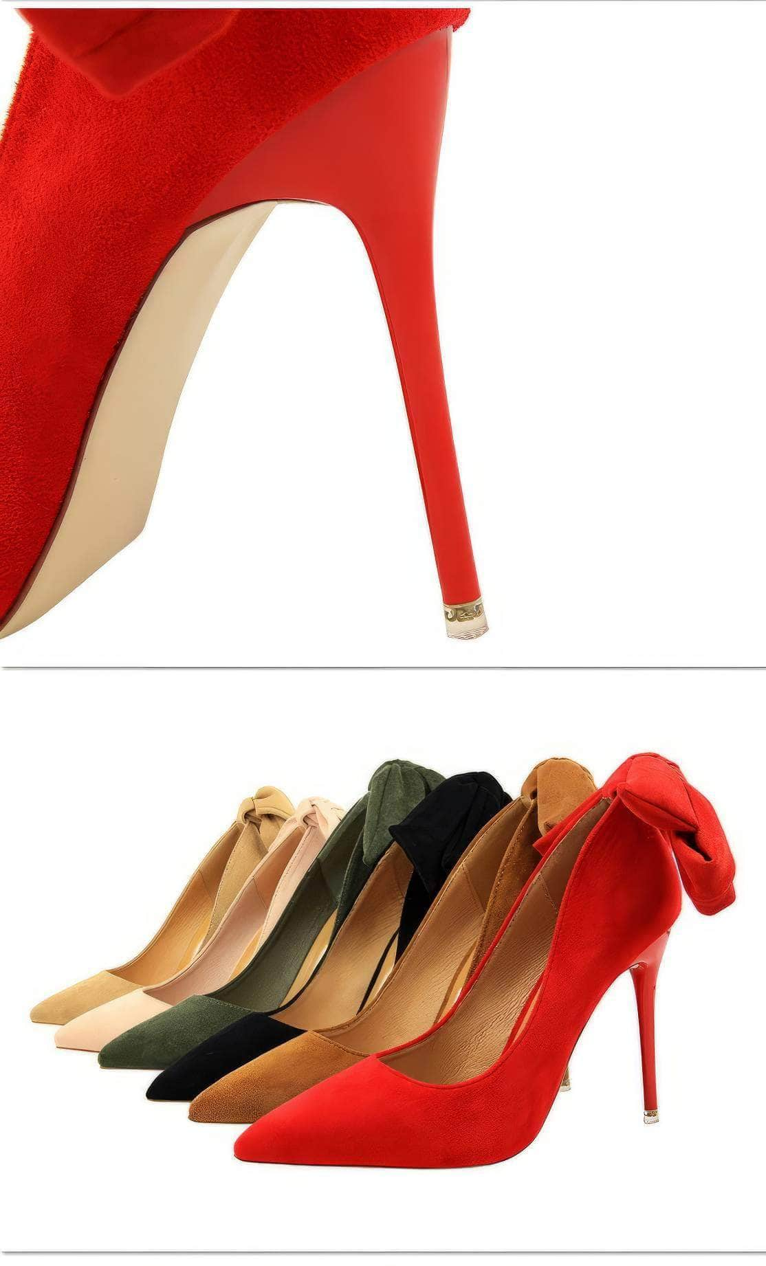 Suede Pointy Toe Bow Knot Detail Court Heels