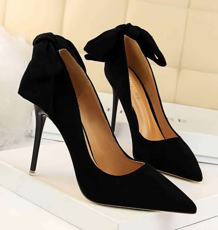 Suede Pointy Toe Bow Knot Detail Court Heels