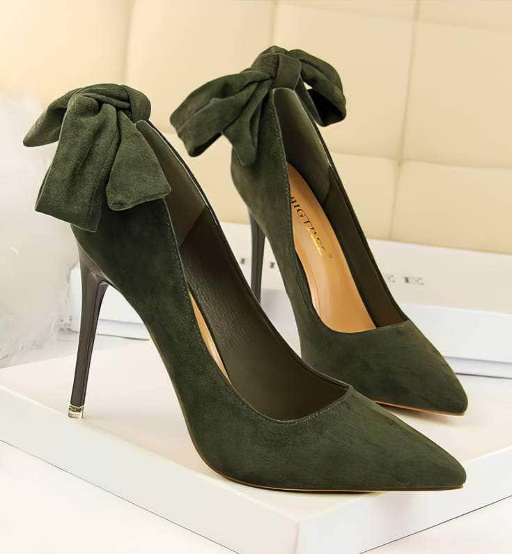 Suede Pointy Toe Bow Knot Detail Court Heels