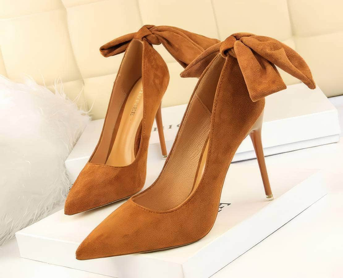 Suede Pointy Toe Bow Knot Detail Court Heels